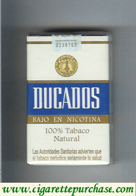 Ducados Bajo En Nicotina 100% Tabaco Natural white and blue and gold cigarettes soft box