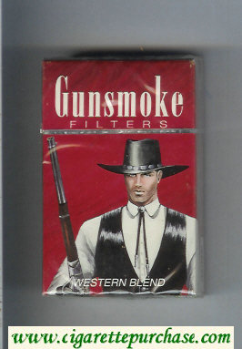 Gunsmoke Western Blend Filters with cowboy brown cigarettes hard box