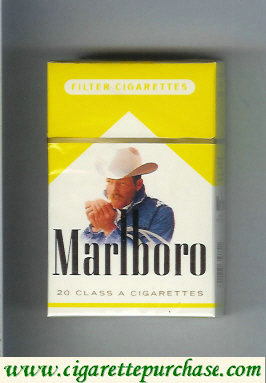 Discount Marlboro with cowboy with cigarette white and yellow cigarettes hard box