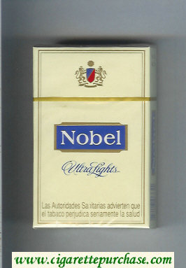 Nobel Ultra Lights yellow and blue cigarettes hard box