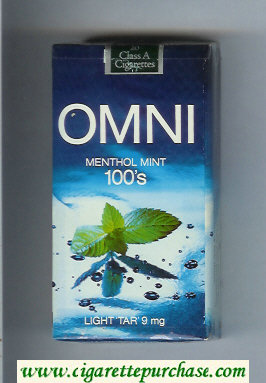 Omni Light Tar 9 mg Menthol Mint 100s blue and white cigarettes soft box