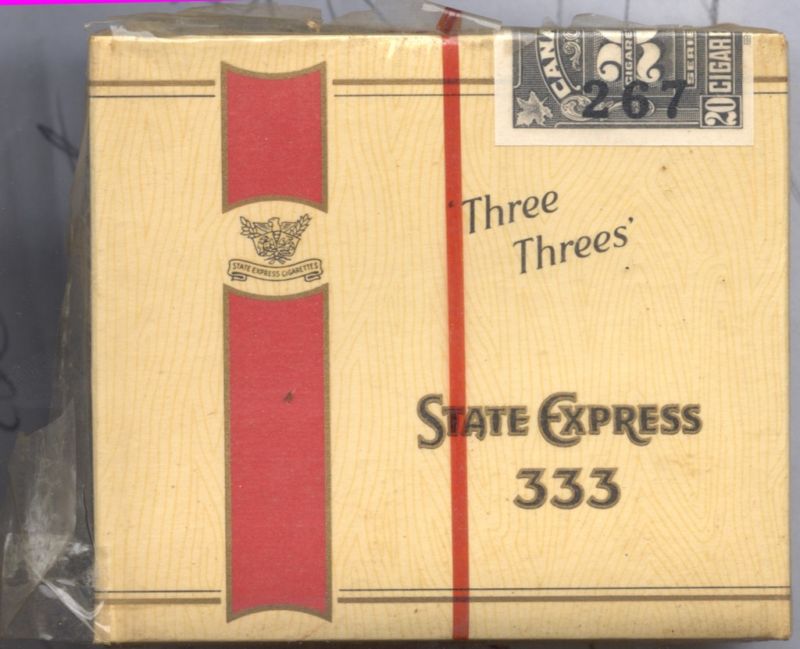 State Express 333 Three Threes cigarettes wide flat hard box